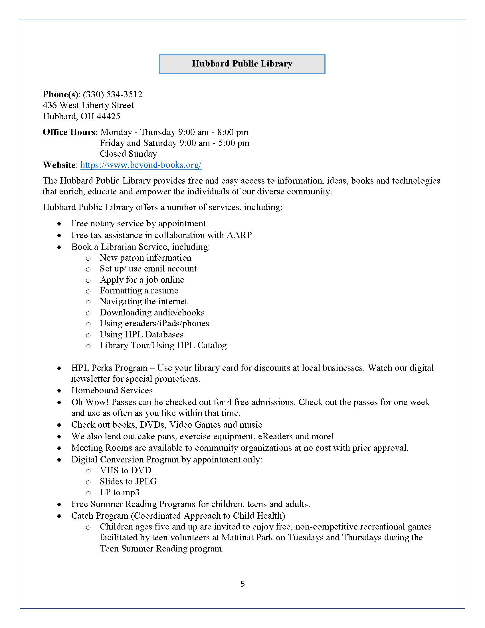 Hubbard Community Directory Hubbard Public Library